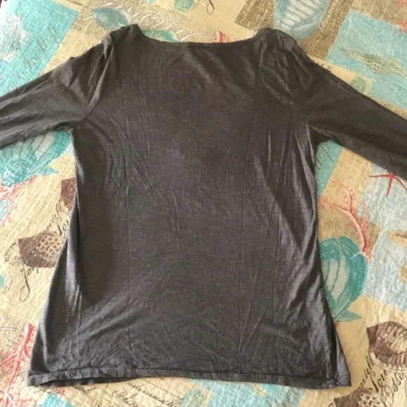 Loft Gray Floral Embroidered Like Patterned Neckline Blouse Size Large - Picture 5 of 7